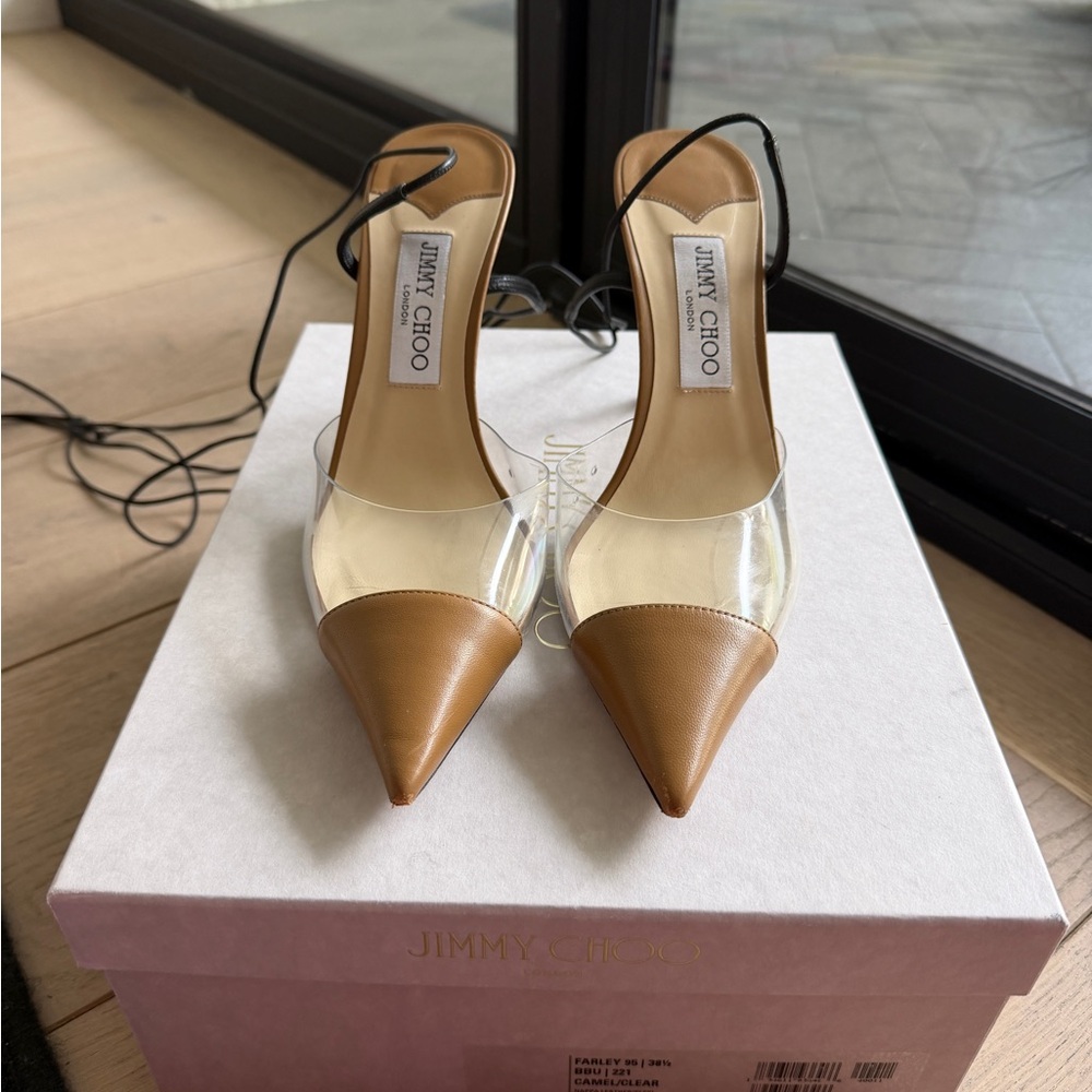 Jimmy Choo Farley 95 Camel and Clear Heels Size 38.5